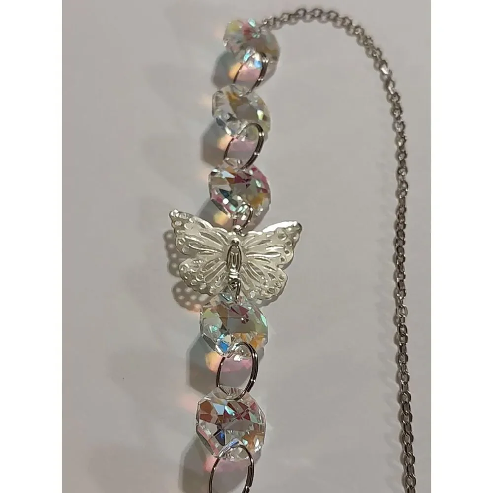 Iridescent Glass Butterfly Silver Leaf Chain Hanging Suncatcher Ornament 17